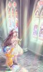  2girls ahoge an_dres_art animal_ears blue_hair boots bow brown_hair cat_ears character_request church copyright_request dress from_side green_boots hair_bow hand_on_own_chest highres jubilee_2025 long_hair luce_(jubilee_2025) multiple_girls open_mouth pink_bow raincoat rubber_boots shoes smile stained_glass strapless strapless_dress sunlight tongue white_shoes 