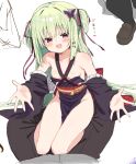  1girl :d armpit_crease back_bow bare_shoulders black_kimono blunt_bangs blunt_ends blush_stickers bow breasts collarbone commentary_request criss-cross_halter full_body green_hair groin hair_intakes hair_ribbon halterneck happy heart highres hime_cut japanese_clothes kimono long_hair long_sleeves looking_at_viewer murasame_(senren) nipple_slip nipples no_panties open_mouth outstretched_arms outstretched_hand paint_chat_(medium) pom_pom_(clothes) red_bow red_eyes red_ribbon red_sash ribbon sash senren_banka shiny_skin sidelocks simple_background sitting sketch small_breasts smile solo straight_hair takepoison thighs translated two_side_up very_long_hair wide_sleeves 
