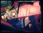  1girl animal_ears balladeluce blazer blush braid brown_hair car_interior commentary curren_bouquetd'or_(umamusume) grey_eyes hair_between_eyes hair_ornament highres horse_ears horse_girl horse_tail jacket long_hair looking_at_viewer lying on_back open_mouth pleated_skirt purple_skirt ribbon school_uniform seatbelt skirt solo stuffed_animal stuffed_toy tail toyota_corolla tracen_school_uniform umamusume very_long_braid winter_uniform 