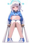  1girl absurdres blue_archive blue_halo blue_hoodie blush chair closed_mouth commentary from_below halo highres hood hoodie looking_at_viewer miyako_(blue_archive) miyako_(young)_(blue_archive) navel on_chair panties pantyshot polka_dot polka_dot_panties purple_eyes side_ponytail simple_background sitting solo stomach tisofofo underwear white_background white_hair x-ray_vision 