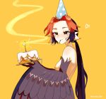  1girl absurdres birthday_cake black_eyes black_feathers black_hair black_wings breasts cake candle cigarette commentary double-parted_bangs english_commentary feathered_wings feathers food food_on_face gradient_hair harpy hat heart highres holding holding_plate icing_on_face long_hair looking_at_viewer low_ponytail monster_girl multicolored_hair nipples nude original party_hat plate ponytail red_hair simple_background slit_pupils small_breasts smoke smoking solo strawberry_shortcake twitter_username unreal_fish very_long_hair winged_arms wings yellow_background 