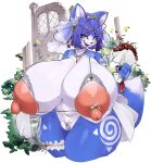  1girl animal_ears blue_fur blue_hair body_fur breasts clothing_request crr001 curvy fox_ears fox_girl fox_tail furry furry_female gigantic_breasts green_eyes highres jewelry krystal large_areolae leg_tattoo looking_at_viewer open_mouth ring short_hair smile solo standing star_fox star_fox_adventures tail tattoo thighs two-tone_fur wedding_ring white_fur wide_hips 
