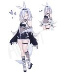  1girl absurdres adoptable animal_ears asymmetrical_legwear bare_shoulders black_hairband black_jacket black_socks blue_eyes blue_hair blue_tongue boots breasts cleavage colored_tongue commentary covered_navel dripping english_commentary eyelashes fins fish_tail fishnet_socks fishnets full_body hair_ornament hair_over_one_eye hairband heart heart_hair_ornament highres jacket long_hair long_sleeves miclipse mismatched_legwear mismatched_socks off_shoulder original partially_open_jacket short_shorts shorts simple_background sleeves_past_fingers sleeves_past_wrists smile socks solo tail thigh_strap tongue tongue_out watermark white_background white_boots white_shorts 