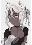  1girl absurdres animal_ear_fluff animal_ears aqua_eyes artist_name black_choker black_shirt border breasts choker cleavage closed_mouth cross_scar dark-skinned_female dark_skin eudetenis fingernails grey_background hair_between_eyes hair_bun hair_ornament hand_up hand_warmer heterochromia highres looking_to_the_side mole mole_on_chest orange_eyes original partially_bordered scar scar_on_face scar_on_nose sharp_fingernails shirt short_sleeves sidelocks simple_background slit_pupils small_breasts solo tail tiger tiger_ears tiger_girl tiger_tail upper_body white_border white_hair white_tiger 