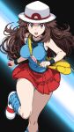  1girl bag blue_shirt blue_socks breasts brown_eyes brown_hair commentary_request covered_nipples hat highres holding holding_poke_ball large_breasts leaf_(pokemon) long_hair looking_at_viewer loose_socks no_bra open_mouth panties pantyshot pleated_skirt poke_ball poke_ball_(basic) pokemon pokemon_firered_and_leafgreen porkpie_hat red_skirt shirt skirt sleeveless sleeveless_shirt socks tsukishiro_saika underwear white_hat white_panties wristband yellow_bag 