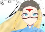  1girl absurdres blonde_hair blue_capelet blue_eyes blurry blurry_background capelet clock closed_mouth commentary curtained_hair dot_nose eyelashes facial_mark forehead forehead_mark highres ika_degueso light_blush long_hair looking_at_viewer lumi_(outcore) outcore portrait red_pupils serious sidelocks solo split_mouth thick_eyelashes very_long_hair wind 