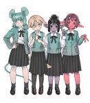  4girls animal_ears black_hair black_skirt blonde_hair collared_shirt colored_skin duck_k full_body hair_bun hand_on_own_hip highres jacket loafers long_sleeves looking_at_viewer mouse_ears mouse_girl mouse_tail multiple_girls neck_ribbon open_mouth original pantyhose pink_skin pleated_skirt pointy_ears ribbon school_uniform shirt shoes short_hair simple_background single_hair_bun skirt smile socks standing tail v vest white_background white_shirt 