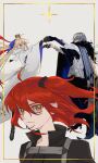  1boy 2girls ahoge amdamnet artoria_caster_(fate) artoria_caster_(third_ascension)_(fate) artoria_pendragon_(fate) blue_eyes border bracelet cape claws closed_mouth commentary crown fate/grand_order fate_(series) fujimaru_ritsuka_(female) fujimaru_ritsuka_(female)_(polar_chaldea_uniform) full_body fur_trim green_eyes grey_hair hair_ornament hair_scrunchie high_collar highres holding_hands jewelry light_smile long_hair long_sleeves looking_at_viewer multiple_girls oberon_(fate) oberon_(third_ascension)_(fate) orange_hair poet_shirt scrunchie serious short_hair sideways_glance star_(symbol) very_long_hair wide_sleeves yakudo_trio 