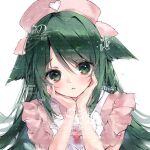  1girl :< blush closed_mouth commission green_eyes green_hair hair_between_eyes hair_flaps hands_on_own_cheeks hands_on_own_face hat highres looking_at_viewer mihuashi_commission nurse_cap pink_hat portrait saya_(saya_no_uta) saya_no_uta sayaaatat simple_background solo too_many_watermarks watermark white_background 