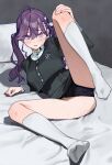  1girl ahoge black_jacket black_panties blue_eyes blush butterfly_hair_ornament commentary_request commission gakuen_idolmaster gokugetsu_gakuen_school_uniform hair_between_eyes hair_ornament highres idolmaster jacket kaya_rinha kneehighs labotamochi leg_up legs long_sleeves looking_at_viewer medium_hair no_shoes on_bed panties pantyshot parted_lips partially_visible_vulva pillow purple_hair school_emblem school_uniform skeb_commission socks soles solo sweat twintails underwear white_socks 