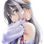  adjusting_hair bare_shoulders blush breasts brown_eyes close-up detached_sleeves grey_hair hair_ornament hairband hairclip haruna_(kantai_collection) japanese_clothes kantai_collection long_hair looking_at_viewer medium_breasts natsupa nontraditional_miko ribbon-trimmed_sleeves ribbon_trim sarashi sideboob solo sweat 