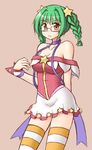  arm_behind_back asahina_eriko bare_shoulders blush braid breasts glasses green_hair large_breasts looking_at_viewer pani_poni_dash! simple_background skirt solo star striped striped_legwear thighhighs utomo 