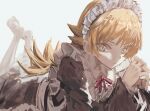  1girl absurdres apron black_dress blonde_hair cokei commentary_request dress frills full_body highres long_hair long_sleeves looking_at_viewer lying maid_apron maid_headdress monogatari_(series) on_stomach oshino_shinobu simple_background solo vampire yellow_eyes 