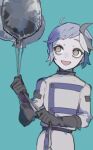  1boy aqua_background balloon belt black_belt black_gloves black_streaks blue_hair brown_eyes commentary_request eriaski gloves grey_hair hand_up highres holding holding_balloon looking_at_object male_focus multicolored_hair open_mouth pale_skin pants puyopuyo puyopuyo_quest shirt short_hair simple_background smile solo streaked_hair upper_body urolo white_pants white_shirt white_streaks 