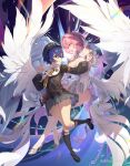  2girls absurdres aurelia_academy_school_uniform bare_shoulders belle_(brilliance_of_stars)_(zenless_zone_zero) belle_(zenless_zone_zero) black_hat black_shoes black_socks black_sweater blue_hair breasts chinese_commentary cleavage commentary_request crossed_bangs dancing detached_sleeves dress feathered_wings from_side full_body green_eyes grey_skirt hair_between_eyes hair_intakes hair_ornament hat highres holding_hands large_breasts long_sleeves looking_at_another low_wings mechanical_wings medium_hair miyoushe_watermark multiple_girls multiple_wings necktie pink_eyes pink_hair pleated_skirt pointy_ears purple_necktie remielle_dan school_uniform shoes short_hair skirt sky smile socks star_(sky) starry_sky sweater thighhighs watermark white_dress white_sleeves white_thighhighs white_wings wings yellow_nails yellow_necktie yenaidada zenless_zone_zero 