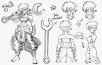 1girl abs absurdres arm_strap arrow_(symbol) bandeau bare_shoulders barefoot character_name clenched_hand closed_mouth clothes_around_waist commentary cropped_head cropped_legs earrings english_commentary english_text eyelashes feet fingerless_gloves from_behind from_side full_body gerudo gloves goggles goggles_on_head greyscale grin highres holding holding_wrench index_finger_raised jewelry legs_apart lokigun midriff monochrome multiple_views navel original oversized_object pants pointy_ears short_hair simple_background smile split_mouth standing teeth the_legend_of_zelda toes toned toned_female undercut white_background wrench 