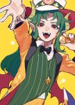  1boy black_bow black_bowtie bow bowtie collared_shirt commentary_request demon_boy demon_horns demon_wings fangs green_hair green_vest hat highres holding holding_microphone horns jacket lapels long_hair looking_at_viewer male_focus microphone nail_polish open_clothes open_jacket open_mouth orange_background orange_jacket orange_nails orange_pants pants puyopuyo puyopuyo_quest red_eyes satan_(miracle_quizshow)_(puyopuyo) satan_(puyopuyo) shawl_lapels shirt simple_background six_pointed_star smile solo standing star_(symbol) striped_clothes striped_vest top_hat upper_body urolo vertical-striped_clothes vertical-striped_vest vest white_hat white_shirt wings yellow_horns 