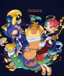  1boy 1girl animal_ears aqua_hair aqua_robe armor backward-facing_horns balance_scale black_background blue_cape blue_hair blue_robe blunt_bangs blush_stickers cape chamali_(gold)_(puyopuyo) chamali_(puyopuyo) commentary_request crab creature crescent curtained_hair dabih_(gold)_(puyopuyo) dabih_(puyopuyo) earrings fish flying_fish fur-trimmed_cape fur-trimmed_sleeves fur_trim gold_halo gold_sandals gradient_robe green_eyes highres horizontal_pupils horns invisible_chair jewelry leaning_forward looking_at_another multicolored_hair open_mouth pointy_ears praesepe_(gold)_(puyopuyo) praesepe_(puyopuyo) puffy_sleeves puyopuyo puyopuyo_quest raised_inner_eyebrows red_hair red_tabard robe sandals scarf sheep_ears sheep_girl sheep_horns short_hair shoulder_armor simple_background sitting smile split-color_hair staff star_(symbol) star_in_mouth tabard two-sided_cape two-sided_fabric two-tone_robe urolo weighing_scale white_scarf yellow_cape yellow_eyes 