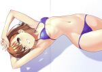  1girl absurdres armpits bikini blue_bikini breasts brown_eyes brown_hair halterneck highres looking_at_viewer lying medium_hair misaka_mikoto navel parted_lips raika9 scan sideways simple_background small_breasts smile solo stitched stomach string_bikini swimsuit toaru_kagaku_no_railgun toaru_majutsu_no_index triangle_bikini_top 