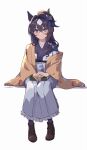  1girl animal_ears black_boots blonde_hair blue_bow blue_eyes blue_hair blue_kimono book boots bow brown_hat commentary_request ear_ornament ears_through_headwear floral_print floral_print_kimono full_body grey_hakama hair_bow hakama hat highres horse_ears horse_girl invisible_chair japanese_clothes kimono long_hair looking_at_viewer monocle peperoncino-sama print_kimono simple_background sitting solo umamusume verxina_(umamusume) white_background 