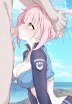  1boy 1girl absurdres bikini blue_archive blue_bikini blue_halo breasts censored commentary cropped_rash_guard daram_(shappydude) deepthroat fellatio hair_bun halo hands_on_another's_head head_grab highres irrumatio kokoro_(blue_archive) large_breasts mosaic_censoring oral penis pink_eyes pink_hair rash_guard swimsuit 