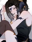  1girl au_ra bare_shoulders black_dress black_hair black_horns black_scales braid cigar dragon_horns dragon_tail dress final_fantasy final_fantasy_xiv grey_eyes grey_hair half-closed_eyes highres horns looking_at_viewer lower_eyelashes_only moth_ram multicolored_hair original ponytail ribbon scales simple_background smoke smoking solo tail thighhighs two-tone_hair warrior_of_light_(ff14) white_background yellow_ribbon 