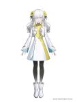  1girl ankle_boots black_pantyhose blonde_hair blunt_bangs boots buttons commentary_request cropped_jacket dress expressionless flower gradient_pantyhose grey_eyes grey_hair hair_flower hair_ornament high_collar highres isekaijoucho jacket kamitsubaki_studio layered_sleeves long_hair looking_at_viewer multicolored_dress multicolored_hair official_alternate_costume official_art pantyhose shirama_(c2h76_5) side_slit sidelocks simple_background solo triangle_ornament turtleneck turtleneck_dress wavy_hair white_boots white_dress white_jacket yellow_dress yellow_flower 
