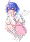  1girl absurdres ahoge amamiya_kokoro amamiya_kokoro_(4th_costume) angel_wings bag bag_charm blue_bag blue_hair blush charm_(object) commentary_request fang frilled_skirt frills full_body hair_between_eyes hair_ornament heart heart_hair_ornament highres looking_at_viewer matcha_november multicolored_hair neko_(amamiya_kokoro) nijisanji no_shoes open_mouth pink_skirt pink_streaks school_bag shirt short_hair sidelocks simple_background skin_fang skirt smile socks solo squatting streaked_hair virtual_youtuber white_background white_shirt white_socks white_wings wings x_hair_ornament yellow_eyes 