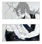  1boy 1girl closed_eyes collared_shirt commentary_request glasses greyscale hetero jack_jeanne leaning_on_person leaning_to_the_side long_hair long_sleeves monochrome neji_kokuto open_mouth pants pinstripe_pattern pinstripe_vest profile semi-rimless_eyewear shirt short_hair smile spot_color tachibana_kisa under-rim_eyewear vest yuhazu_(rhe-rhe) 