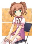  bad_id bad_pixiv_id brown_hair chair child green_eyes idolmaster idolmaster_(classic) onion_(lemlaml) sitting skirt smile solo takatsuki_yayoi thighhighs 