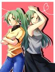  armpits arms_up back-to-back crossed_arms denim green_eyes green_hair half_updo higurashi_no_naku_koro_ni jeans long_hair multiple_girls pants ponytail rex_k siblings sisters skirt sleeveless sleeveless_turtleneck sonozaki_mion sonozaki_shion sweatdrop turtleneck twins 