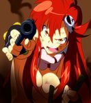  aiming_at_viewer angry bad_id bad_pixiv_id breasts cleavage convenient_censoring fingerless_gloves gloves gun hair_censor hair_ornament hair_over_breasts large_breasts long_hair open_mouth pun2 red_hair scarf solo tengen_toppa_gurren_lagann tengen_toppa_gurren_lagann:_gurren-hen topless weapon yellow_eyes yoko_littner 