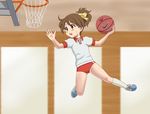  basketball brown_eyes brown_hair buruma chunpai gym_uniform hirasawa_ui jumping k-on! nike ponytail product_placement short_hair solo sweat 