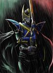  belt cape dead_pepper highres kamen_rider kamen_rider_knight kamen_rider_ryuki_(series) male_focus rain solo sword weapon 