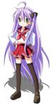  :3 ahoge dragon_ball earrings fusion green_eyes highres hiiragi_kagami izumi_konata jewelry long_hair lucky_star mole mole_under_eye parody pink_neckwear purple_hair rindou_(awoshakushi) ryouou_school_uniform school_uniform serafuku solo thighhighs very_long_hair zettai_ryouiki 