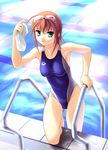 competition_swimsuit goggles goggles_on_head green_eyes kimi_ga_nozomu_eien norizou_type-r one-piece_swimsuit pool pool_ladder poolside red_hair refraction short_hair solo suzumiya_akane swim_cap swimsuit wet 
