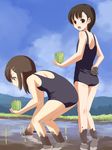  barefoot black_school_swimsuit brown_hair child copyright_request dirty dirty_feet farm hair_ornament hairclip mud multiple_girls natori_(natorism) one-piece_swimsuit rice_paddy rice_planting school_swimsuit short_hair swimsuit 