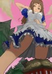  alice_(wonderland) alice_in_wonderland bad_id bad_pixiv_id brown_eyes brown_hair dress forest from_below giantess hairband highres long_hair nature sharekoube solo 