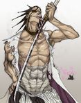  1boy 1girl abs artist_request bandage bandages black_hair bleach blood eyepatch haori japanese_clothes kusajishi_yachiru licking male male_focus manly muscle pink_hair scar solo source_request spiked_hair sword taichou_haori tongue tongue_out torn_clothes traditional_media weapon zaraki_kenpachi 