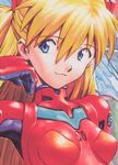  :3 armpits bangs blue_eyes bodysuit breasts gloves hair_between_eyes hair_flip hair_ornament highres light_smile long_hair looking_at_viewer neon_genesis_evangelion number orange_hair pilot_suit plugsuit sadamoto_yoshiyuki small_breasts smile solo souryuu_asuka_langley turtleneck upper_body 