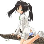  black_hair blush dd_(ijigendd) francesca_lucchini green_eyes long_hair looking_back panties sitting solo strike_witches striped striped_panties tree twintails underwear world_witches_series 