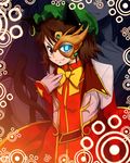  animal_ears blue_eyes brown_eyes brown_hair cat_ears cat_tail chen code_geass earrings glowing glowing_eye glowing_eyes hat heterochromia highres jeremiah_gottwald jewelry mask multiple_tails notsuru parody pun short_hair solo tail touhou 