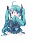  bad_id bad_pixiv_id blue_eyes blue_hair blush crossed_arms detached_sleeves hatsune_miku kneeling kodamasawa_izumi long_hair mouth_hold skirt solo twintails vocaloid 