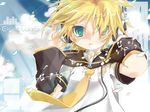  blonde_hair blue_eyes detached_sleeves headphones hekicha kagamine_len male_focus musical_note necktie solo vocaloid yellow_neckwear 