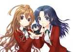  2girls aisaka_taiga bad_id bad_pixiv_id blue_eyes blue_hair blush brown_hair cuteg giantess kawashima_ami miniboy multiple_girls oohashi_high_school_uniform purple_eyes school_uniform smile takasu_ryuuji toradora! 