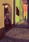  bad_id bad_pixiv_id building copyright_request hachino hat lamppost light pink_hair road solo street suitcase sunset 