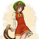  animal_ears bad_id bad_pixiv_id brown_hair cat_ears cat_tail chen earrings hat jewelry multiple_tails ribbon shibasaki_shouji short_hair solo tail touhou 