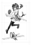  braid child copyright_request greyscale helmet highres legs looking_back makacoon mechanical_wings monochrome one_eye_closed school_uniform skirt solo thighhighs twin_braids wings 
