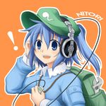  1girl backpack bag blue_eyes blue_hair bluepony character_name digital_media_player hat headphones ipod kawashiro_nitori ponytail solo touhou two_side_up wrench 