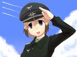  blonde_hair blue_eyes cloud day erica_hartmann hat military military_uniform multicolored_hair papa peaked_cap salute short_hair sky solo strike_witches two-tone_hair uniform world_witches_series 
